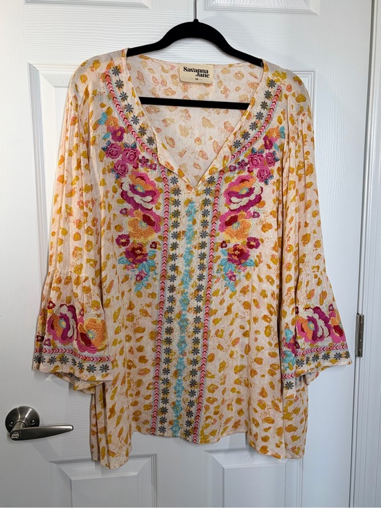 Savanna Jane Tops - Savanna Jane Cream Tunic Top with Pink, Yellow & Blue Floral Embroidery